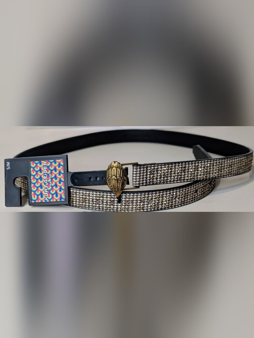 Kurt Geiger London 20 Eagle Belt in Gold Crystal Houndstooth S/M NWT